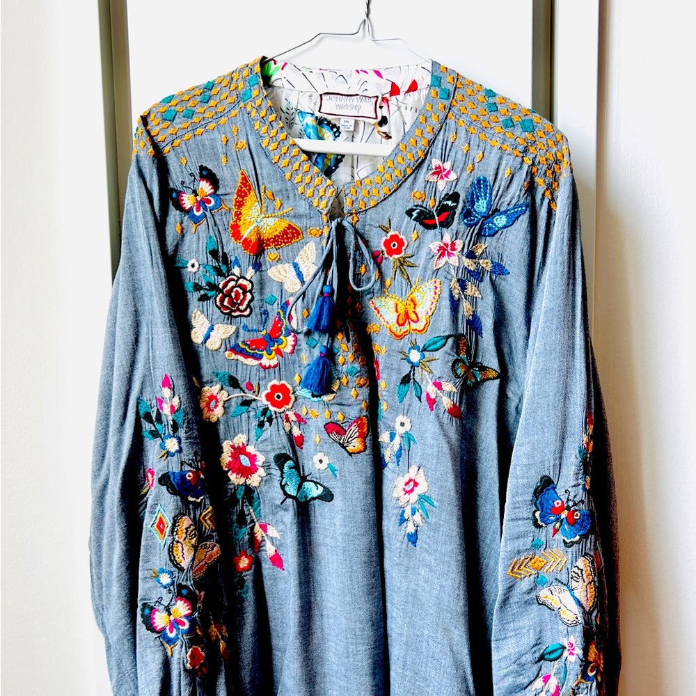 JOHNNY WAS Embroidered Tunic * MARIPOSA * XXL * Scarf Back *